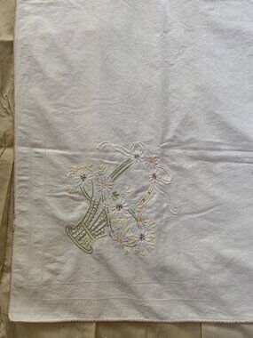 Embroidered Tablecloth with Floral Basket Design 50" x 53" White Vtg